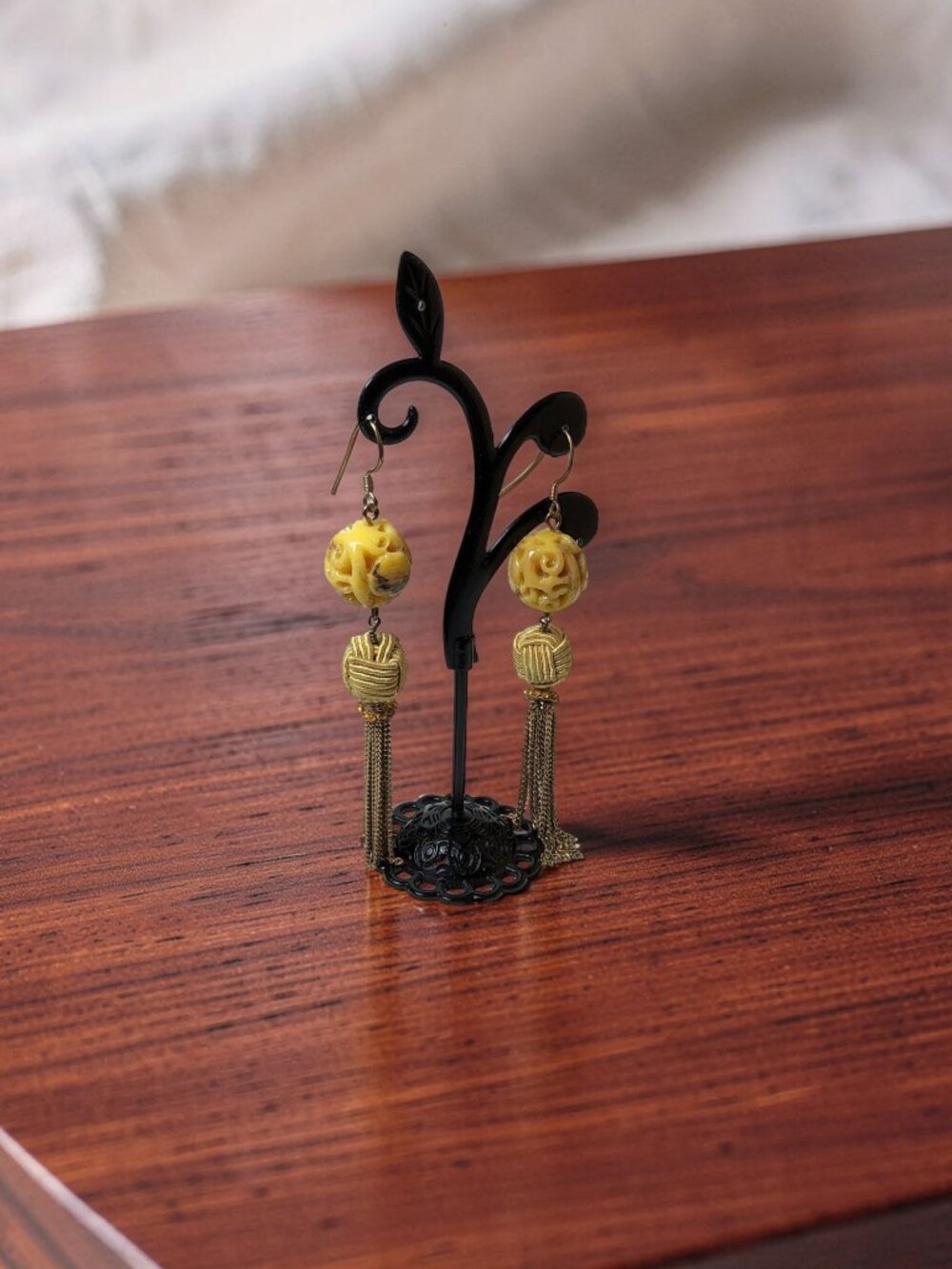 vintage gold tone swirl acrylic ball and waxed cord metal tassel dangle earrings
